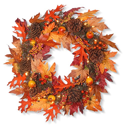 National Tree Company Pre-Lit Artificial Autumn Wreath, Decorated with Gourds, Pinecones,...