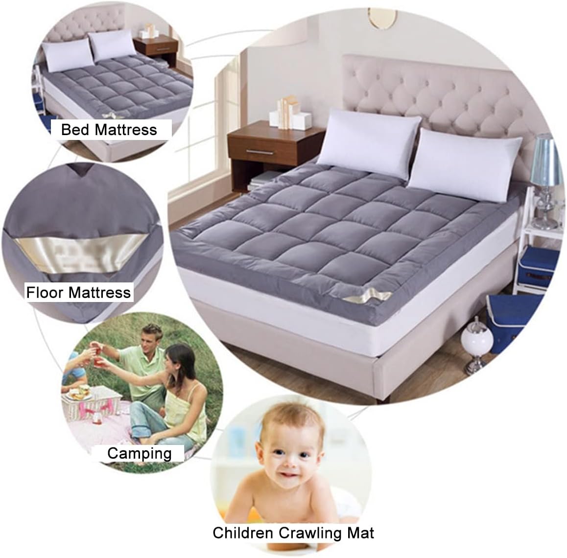 Extra Thick Mattress Topper Futon Mattress Bedding Floor Mattress Breathable Down Alternative Filling Thicken Mattress Pad Sleeping Pad for Guest Room Twin Size(Grey,200x220cm)