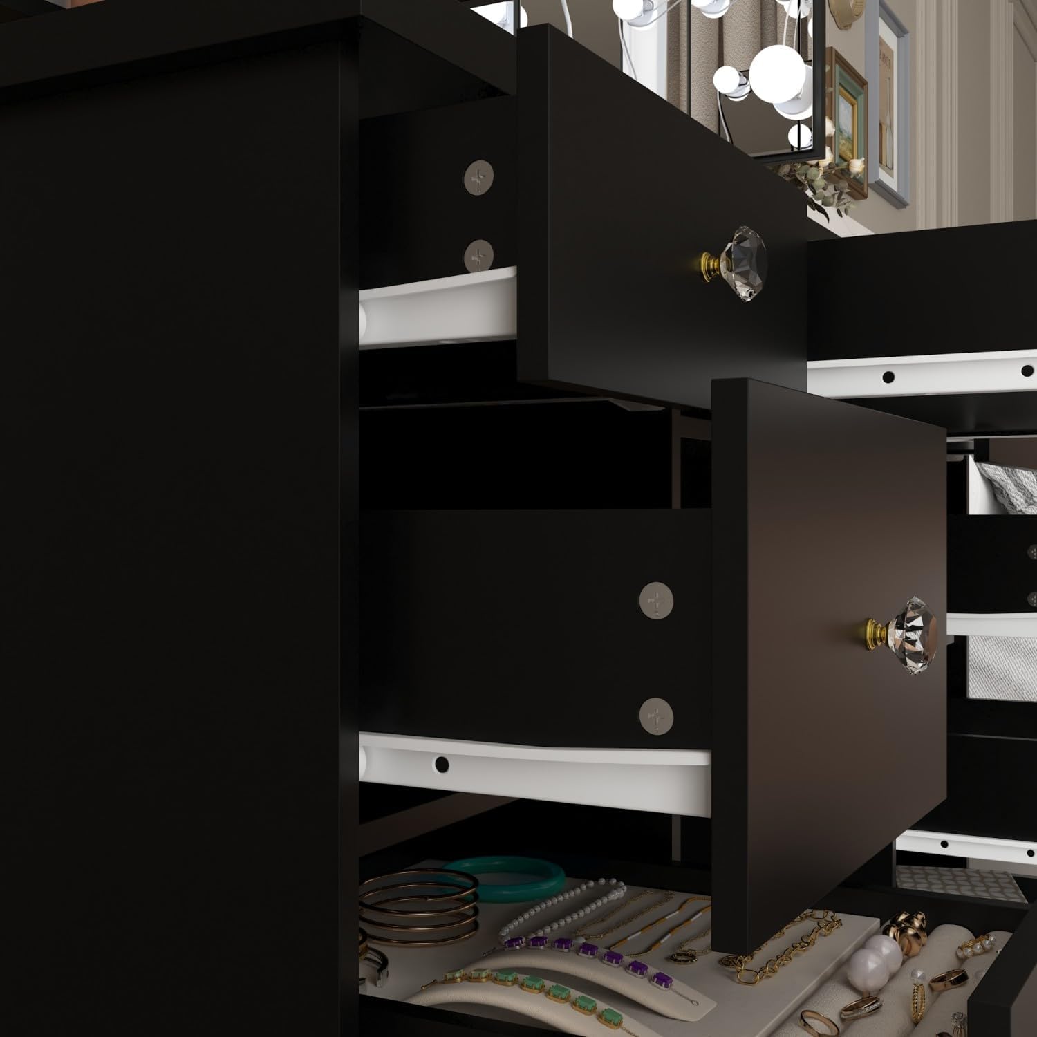 FUFU&GAGA Vanity Desk with Mirror and Bulb Lights, Large Makeup Vanity with 9 Drawers, Modern Dressing Table with Hidden Shelves for Bedroom, Black, 43.3”W x 19.7”D x 53.6”H