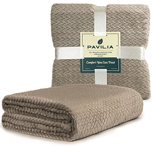 Pavilia Soft Flannel Fleece Blanket Throw Twin Tan Taupe Camel Beige, Textured Decorative Velvet Blanket Couch Sofa Bed, Fuzzy Plush Cozy Warm Lightweight Microfiber, Jacquard Weave Leaf Pattern 60X80 #TOP6