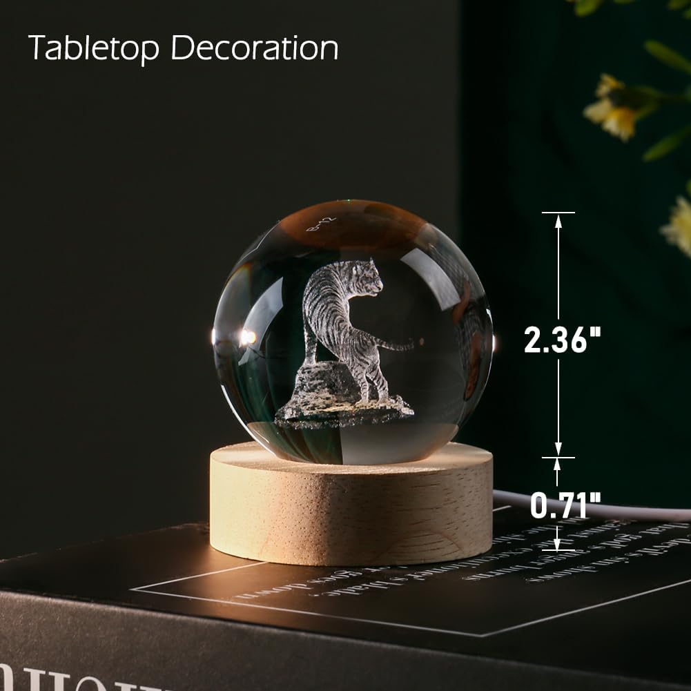 3D Tiger Crystal Ball Tiger Figurines in Crystal Ball 60mm Decor White Tiger Collectibles Snow Globes Gift Glass Sphere Home Decor with Wooden Light Base - Image 3
