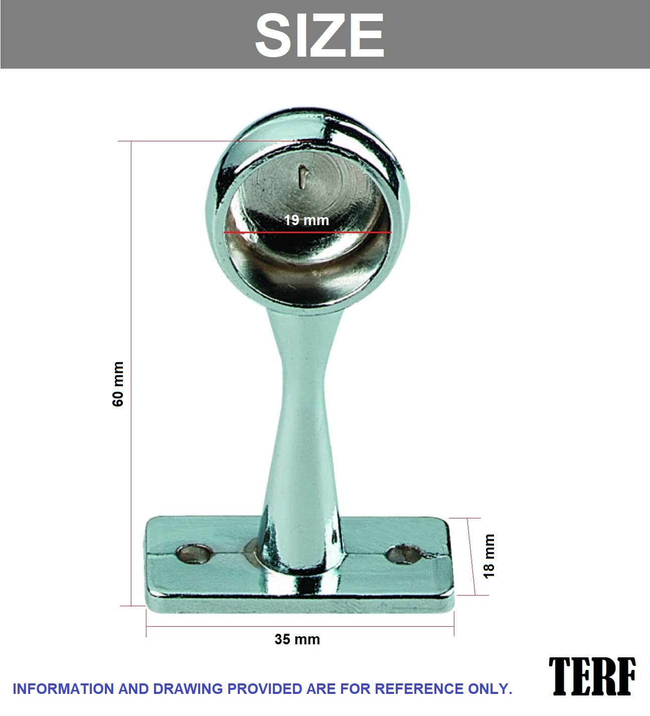 TERF® Chrome Curtain Pole End Bracket for Up to 19mm Diameter Ceiling and Wall Mount Rod Holder - Pack of 2 - Image 3