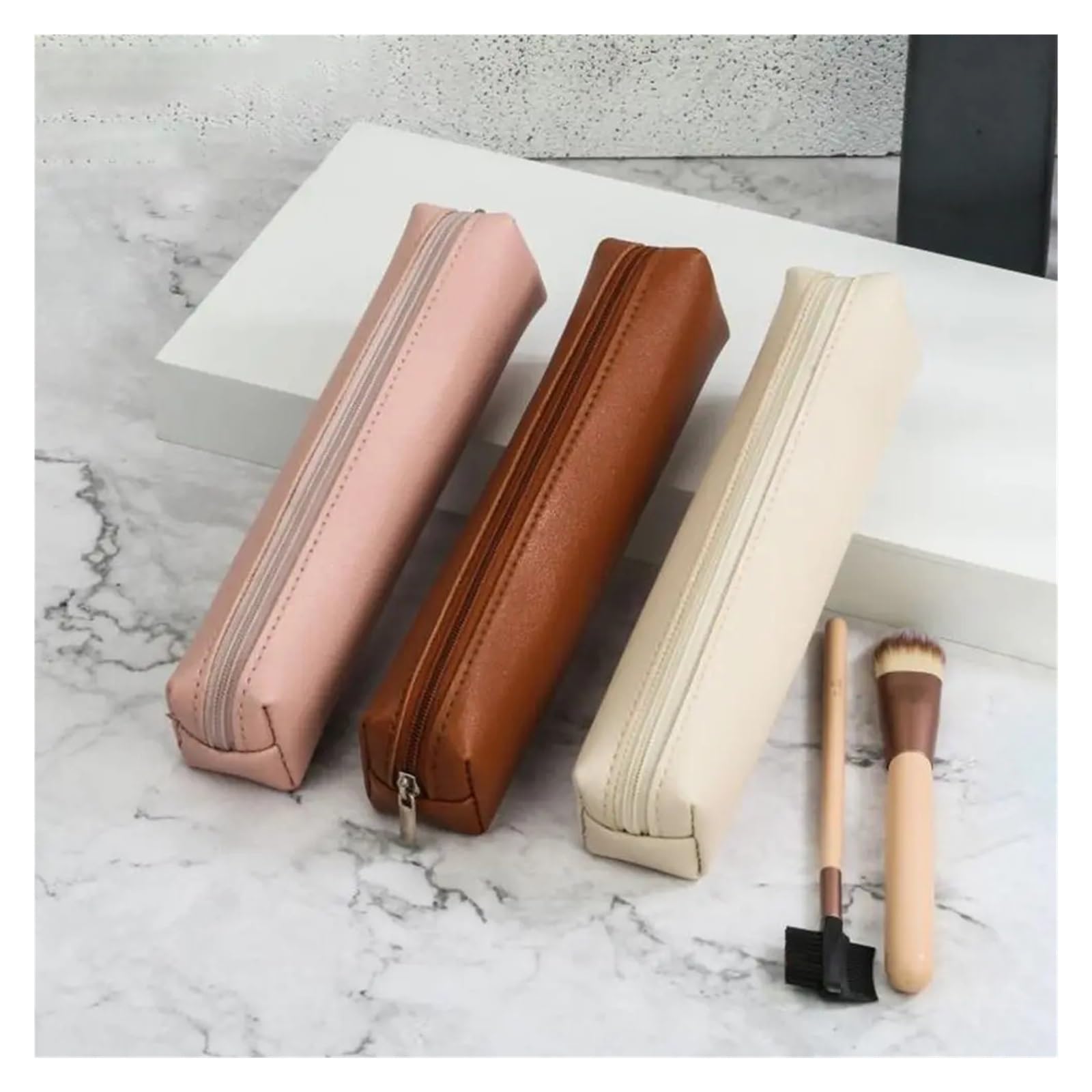 Astuccio for penne in pelle PU for ufficio scolastico | Organizzatore di cancelleria impermeabile, resistente allo sporco, di grande capacità, semplice(Pink)
