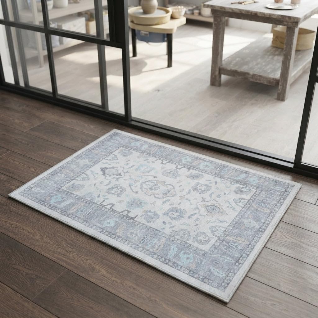 Fame Rugs Gray Modern Oushak Rug 2x3, Vintage Doormat Turkish Colorful Oriental Antique Inspired Washable Small Area Rug, Luxury Living Room Bedroom (384GB, 2' x 3')