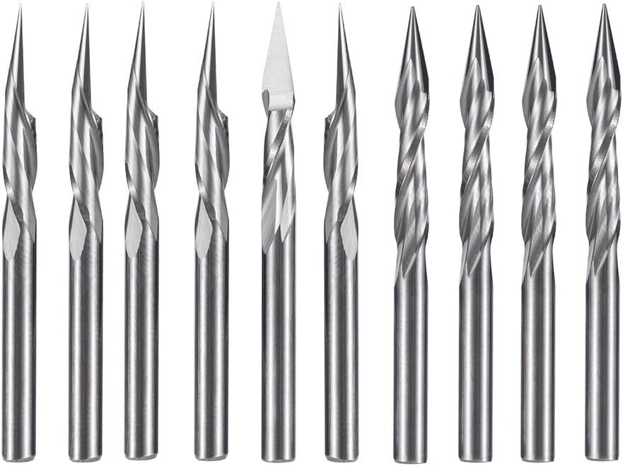 HUHAO 10Pcs Spiral Router Bit, 1/8" Shank CNC Cutter Milling Carving Bit Set 30 Degree 0.2mm Tip Spiral Milling Cutter Engraving Carving Tool for Acrylic Wood PVC