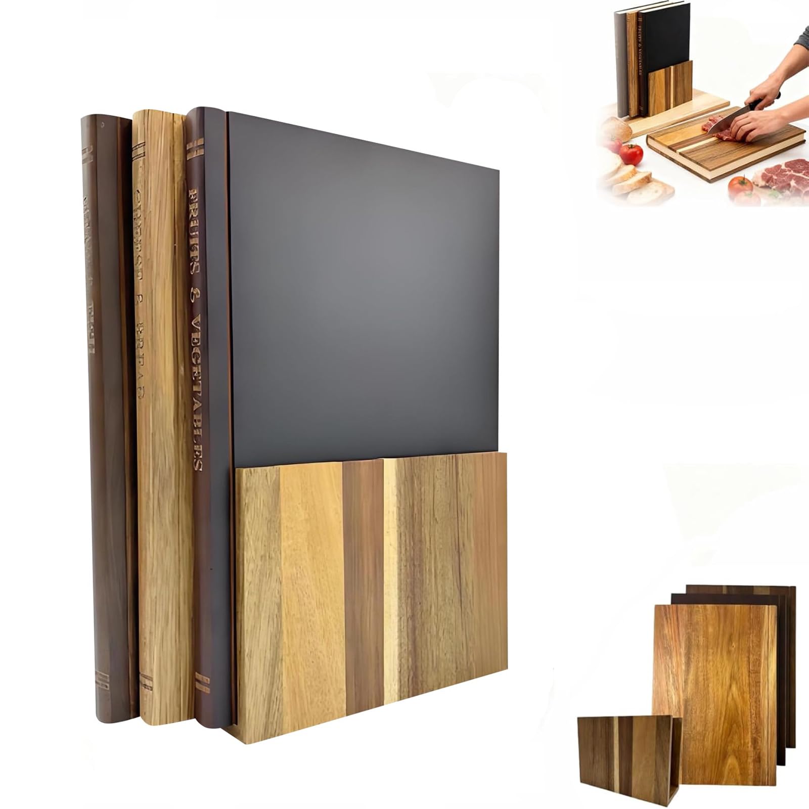 Planche à découper en forme de livre, lot de 3 planches en bois massif en forme de livre avec support en bois, pour les chefs amoureux de livres, fruits, légumes, viande, poisson, fromage et pain