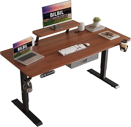 bilbil Escritorio eléctrico de pie con cajón, altura ajustable de 63 x 30 pulgadas, escritorio de pie con estante de almacenamiento, escritorio de