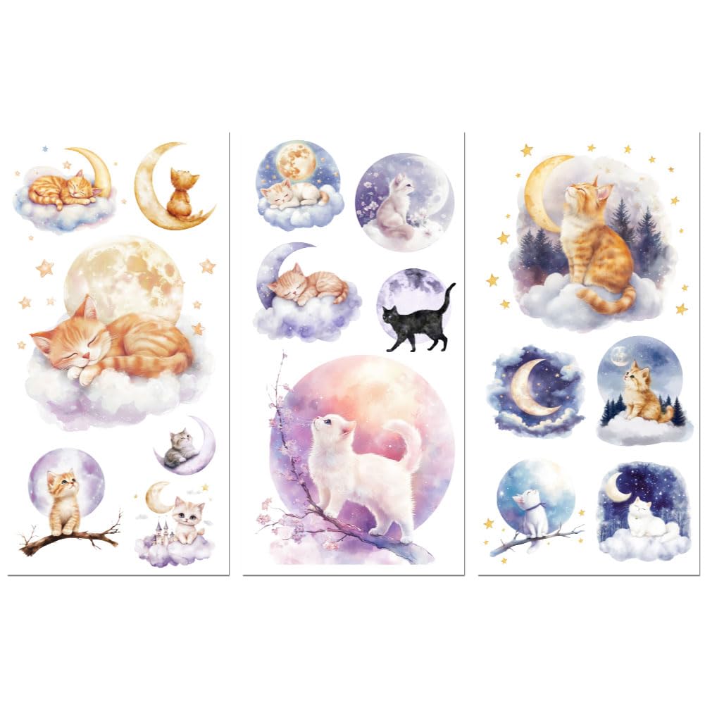 Peacoblue Rub on Transfers for Crafts 3Pcs Moon and Cats 15cmx30cm