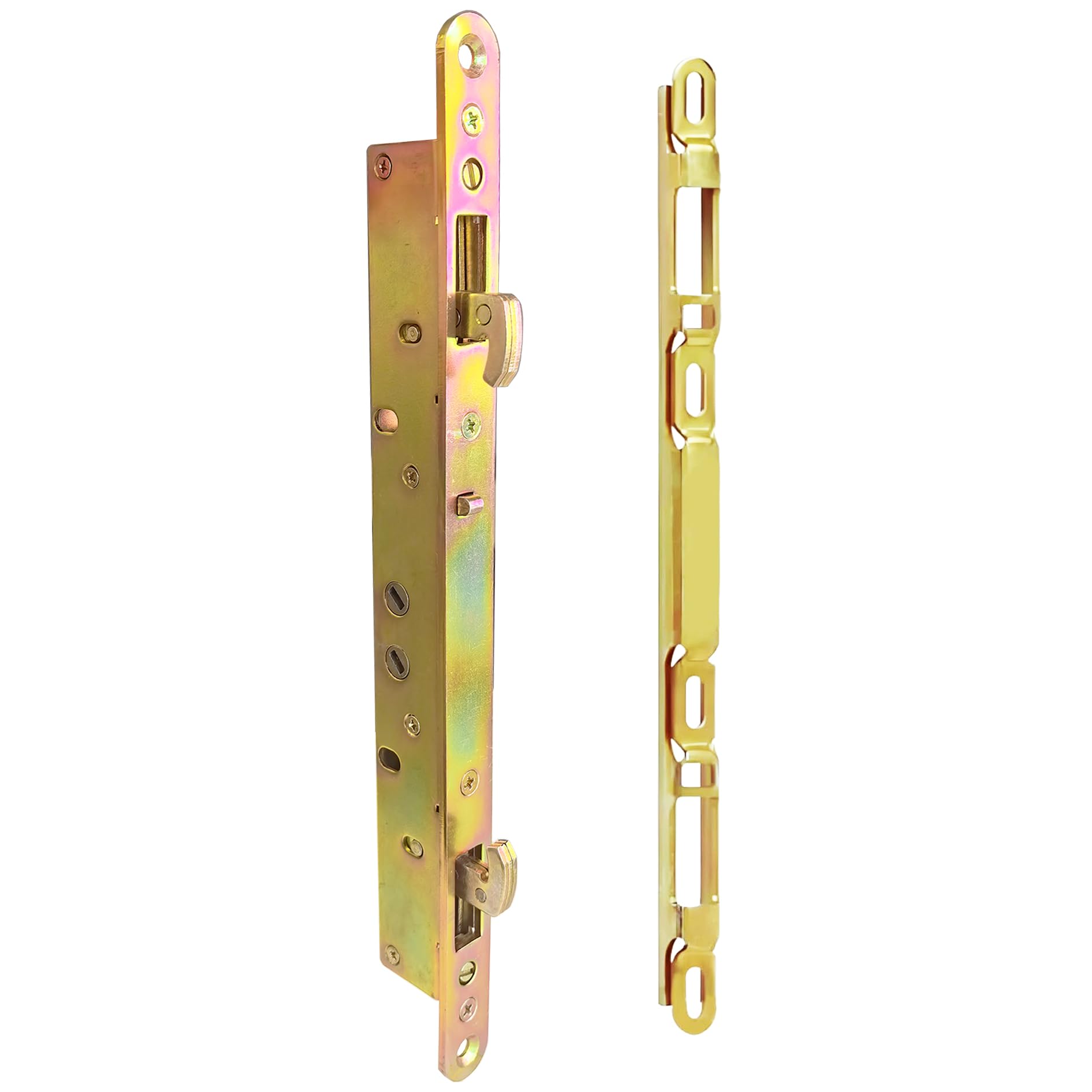 2 Point Sliding Patio Glass Door Mortise Lock with 11-3/4" Faceplate, Dual Point Hooks with Anti-Slam Pin, 45° Keyway, A/B Position, 3-15/16" Handle