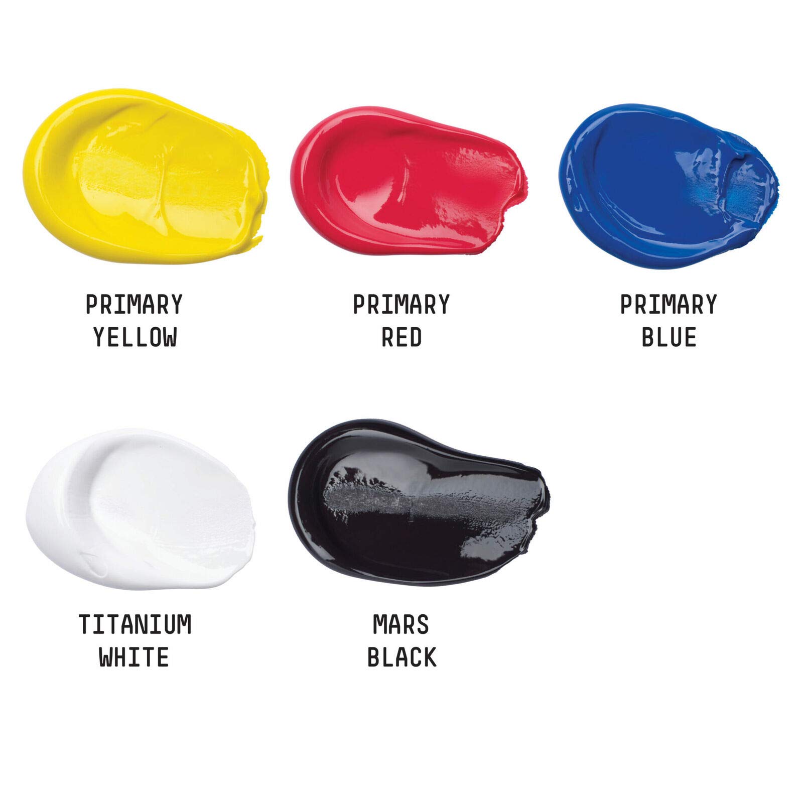 Liquitex Basics zestaw farb akrylowych, 4 x 75 ml + 1 x tubka 118 ml (biała), kolory: czerwony pierwotny, niebieski pierwotny, żółty pierwotny i czarny marsjański
