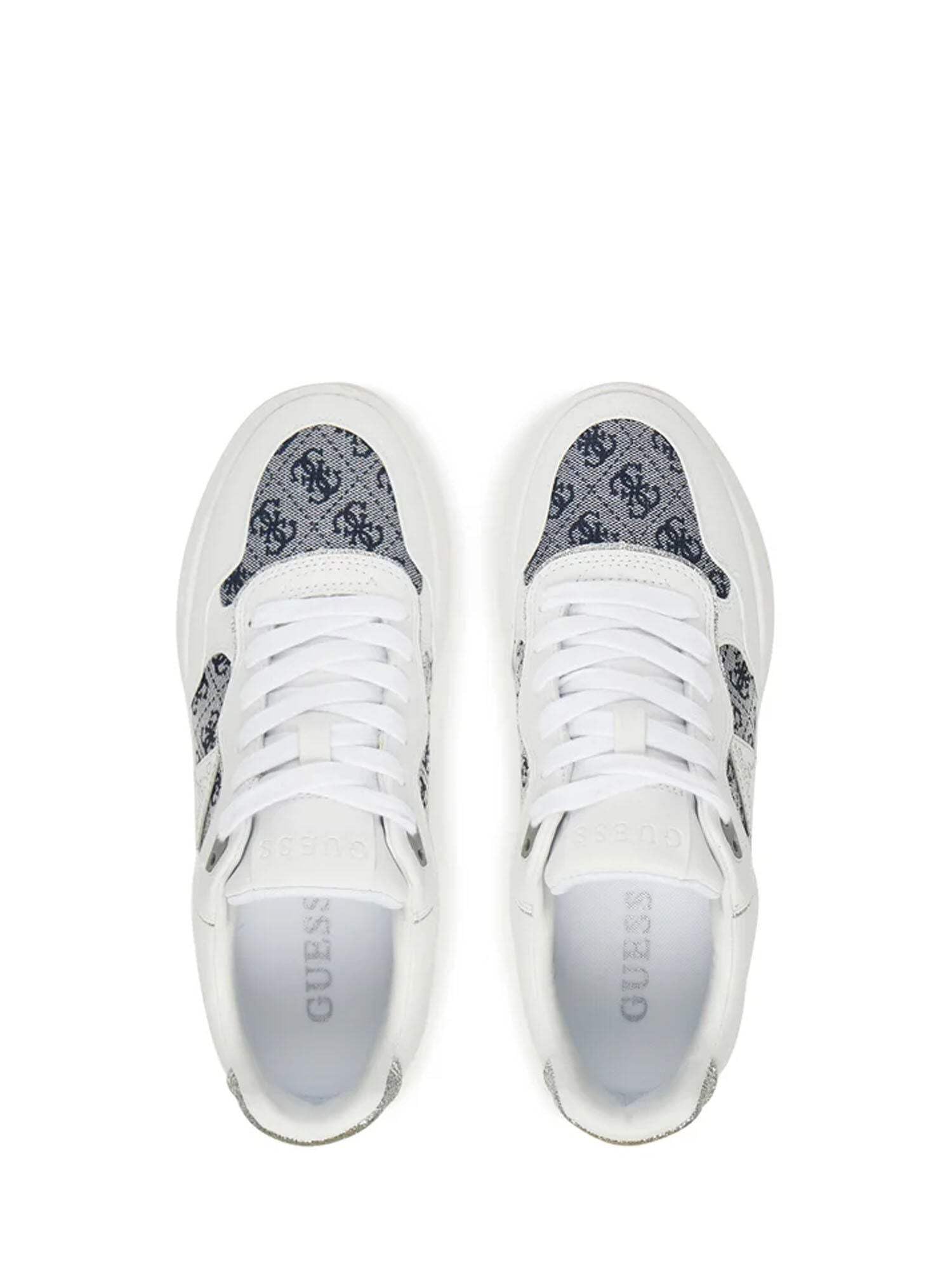 GUESS Scarpe sportive con plateau, bianco e blu, dettaglio glitter argento