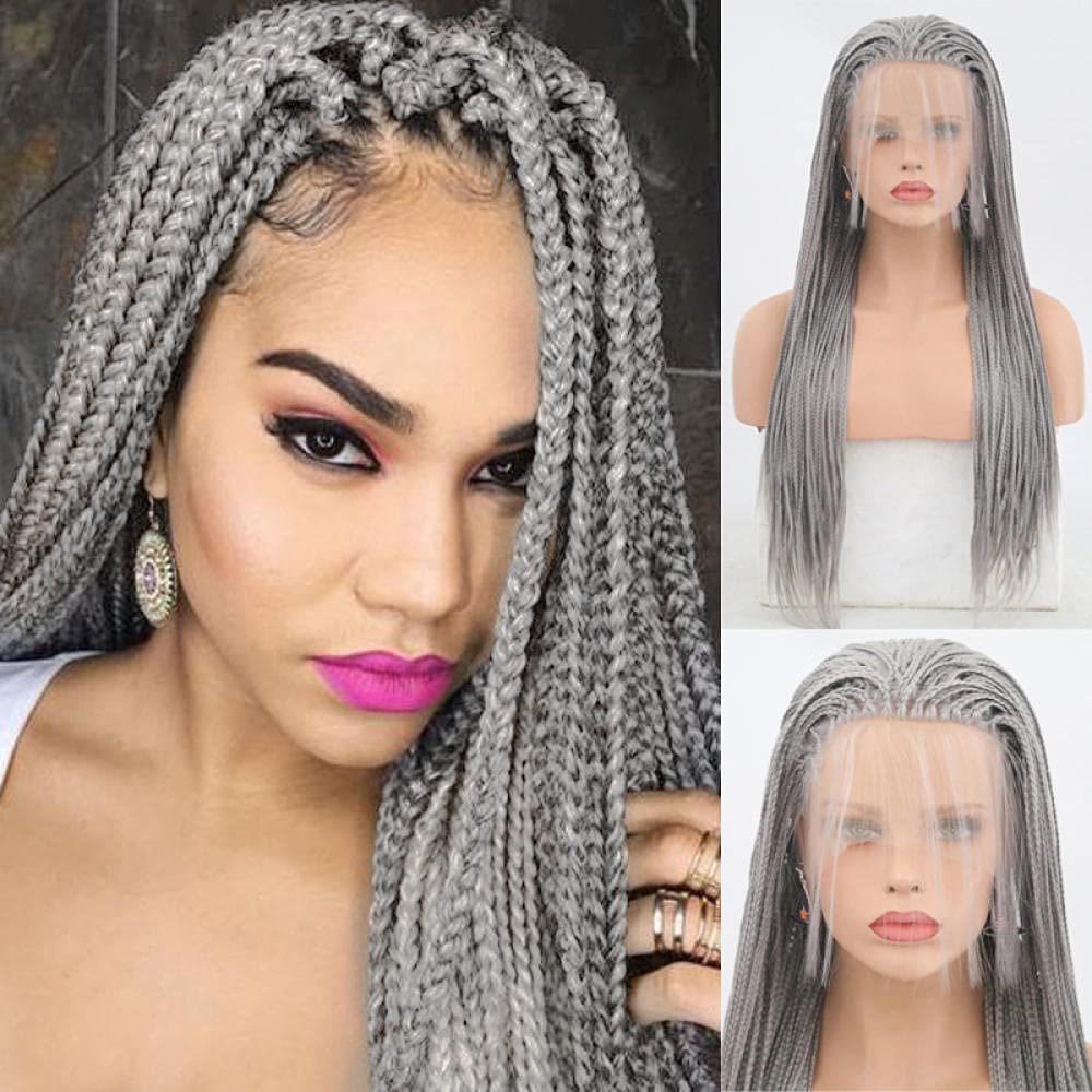 Amazon.com : Silver Grey Braided Wigs Synthetic Lace Front Wig
