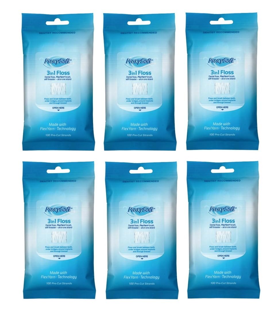 ProxySoft 3-in-1 Dental Floss for Optimal Teeth Flossing- 6 Packs Pre-Cut Ortho Floss Threaders for Braces, Tight Spaces, Bridges, Implants with Built-in Soft Proxy Brush and Stiff Threader Flosser