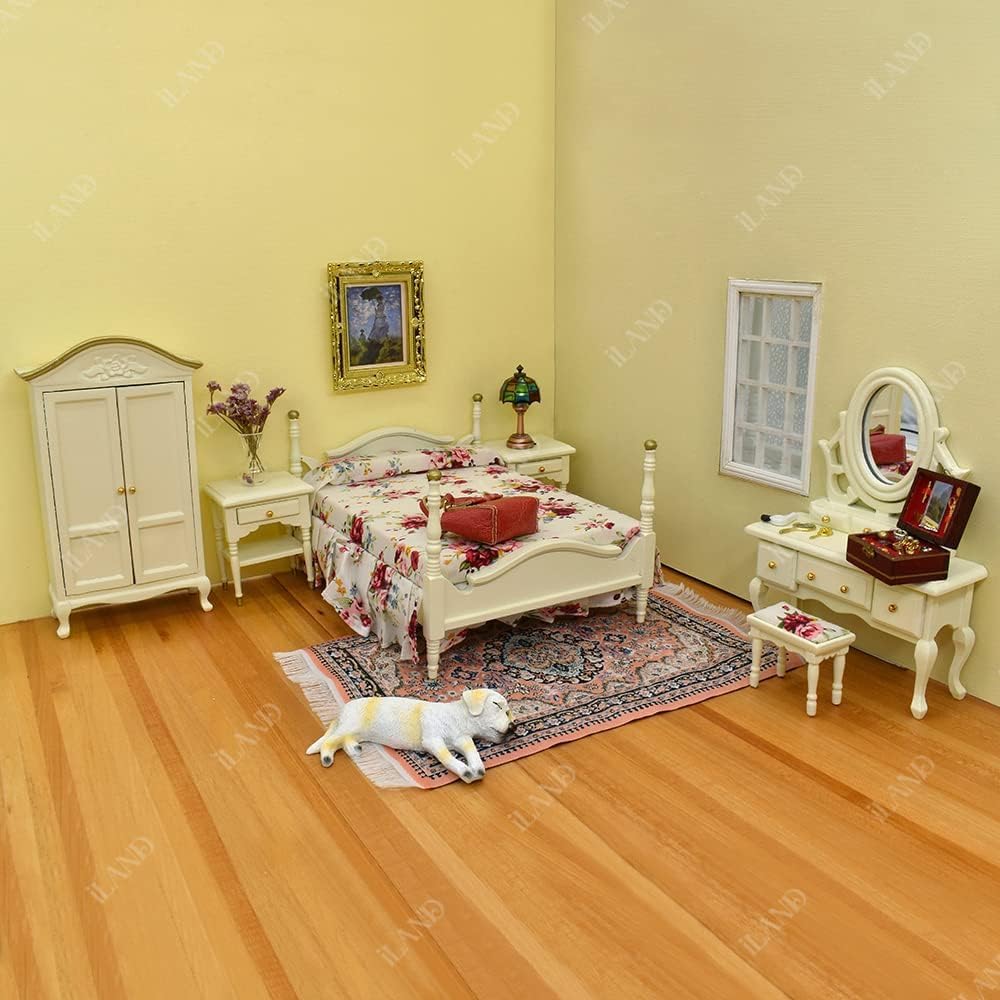 iLAND Wooden Dollhouse Furniture 1/12 Scale, Dollhouse Bedroom Furniture in Cream Color Dollhouse Bed & Dressing Table & Wardrobe Gifts for Girls Kids(Elegant Miniature Furniture 6pcs)