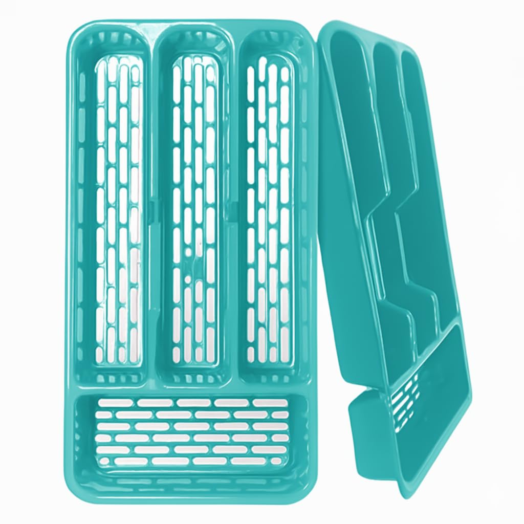 Ketayle Small Tier Cutlery Tray Classic Turquoise - BPA-Free Plastic, Food Safe, Non-Slip Base, Perfect for Drawer Organization, 33x17.5x4.3 cm, Durable and Easy to Clean