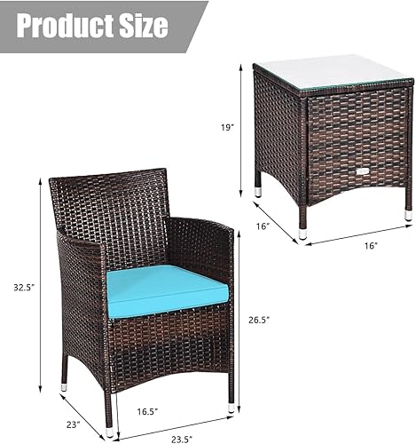 Miniatura 7 de KOTEK Juego de muebles de patio de 3 piezas, juego de conversación de mimbre para exteriores con mesa de centro de cristal, cojines gruesos, juego