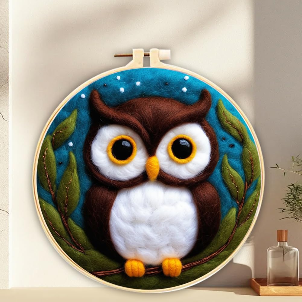 Dog Cat Owl Animals DIY Needle Felting Starter Kit Beginner Needle Felt Kit Photo Frame, Foam Mat, Wool Felt Painting with Tools Frame and Instructions for Beginners and Art Crafters, Style 10