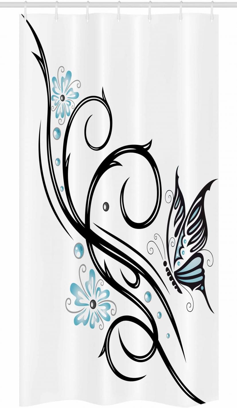 Ambesonne Tattoo Stall Shower Curtain, Leaf Like Design Flowers and a Flying Butterfly Image Illustration Print, Fabric Bathroom Decor Set with Hooks, 36" W x 72" L, Blue Black and White