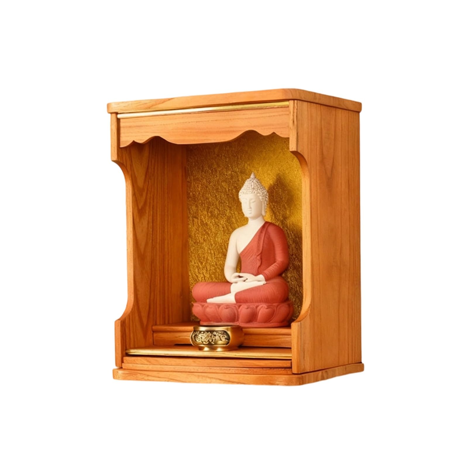 JNTFNE Buddhist Shrine Wall Mounted Altar Table, Solid Paulownia Wood for Buddha/Guanyin, Adjustable Base, Pull-Out Tray, Top Warm Light, Fully Assembled(Wood,33cm/12.9in)