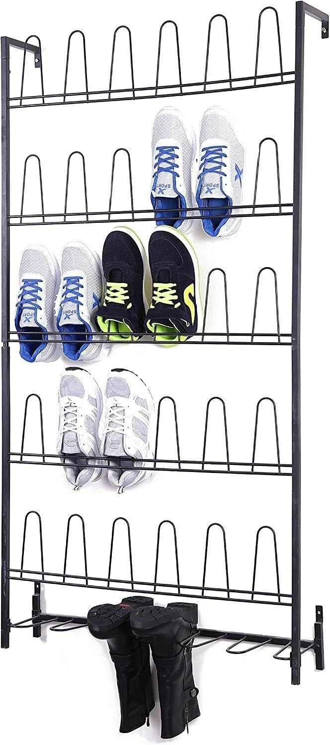 for Black Metal Wall Mounted Boots and Shoe Rack, 18 Pair Entryway Storage Stand