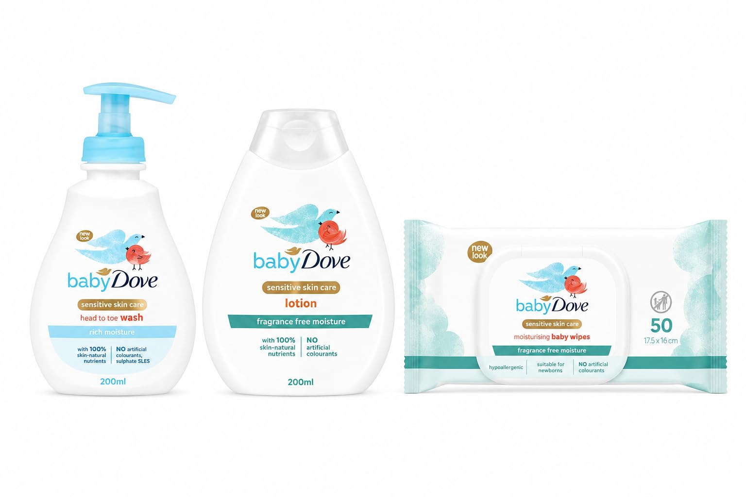 Baby Dove Sensitive Skin Care Bundle – Head to Toe Wash 200ml, Moisturising Wipes 50 Count & Fragrance Free Lotion 200ml – Custom Bundle created by VitaPoint