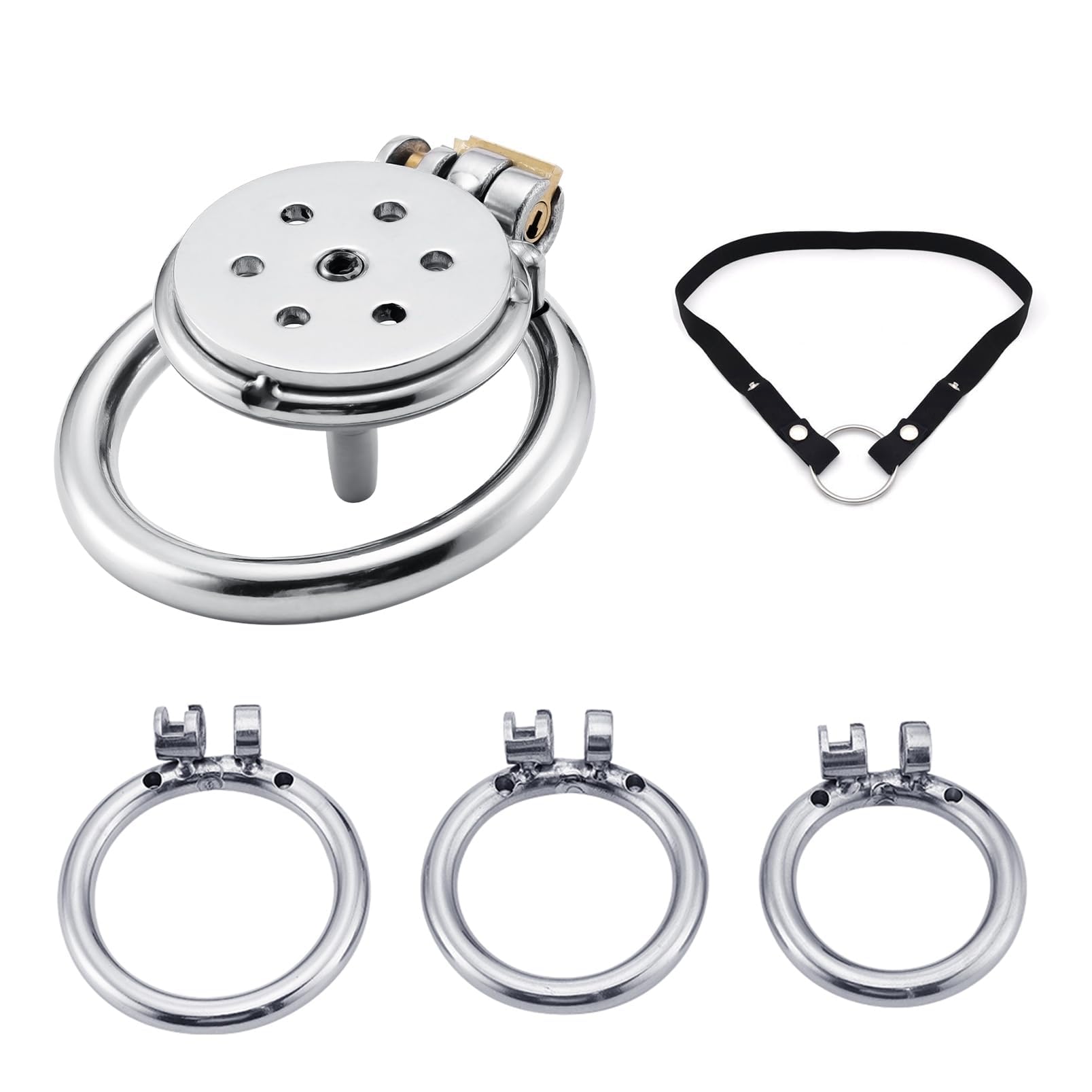 Gabbia di castità in acciaio inossidabile con forma piatta, 3 misure di anelli, set con cintura per uomo con apertura uretrale, indossabile e invisibile (silver,S)