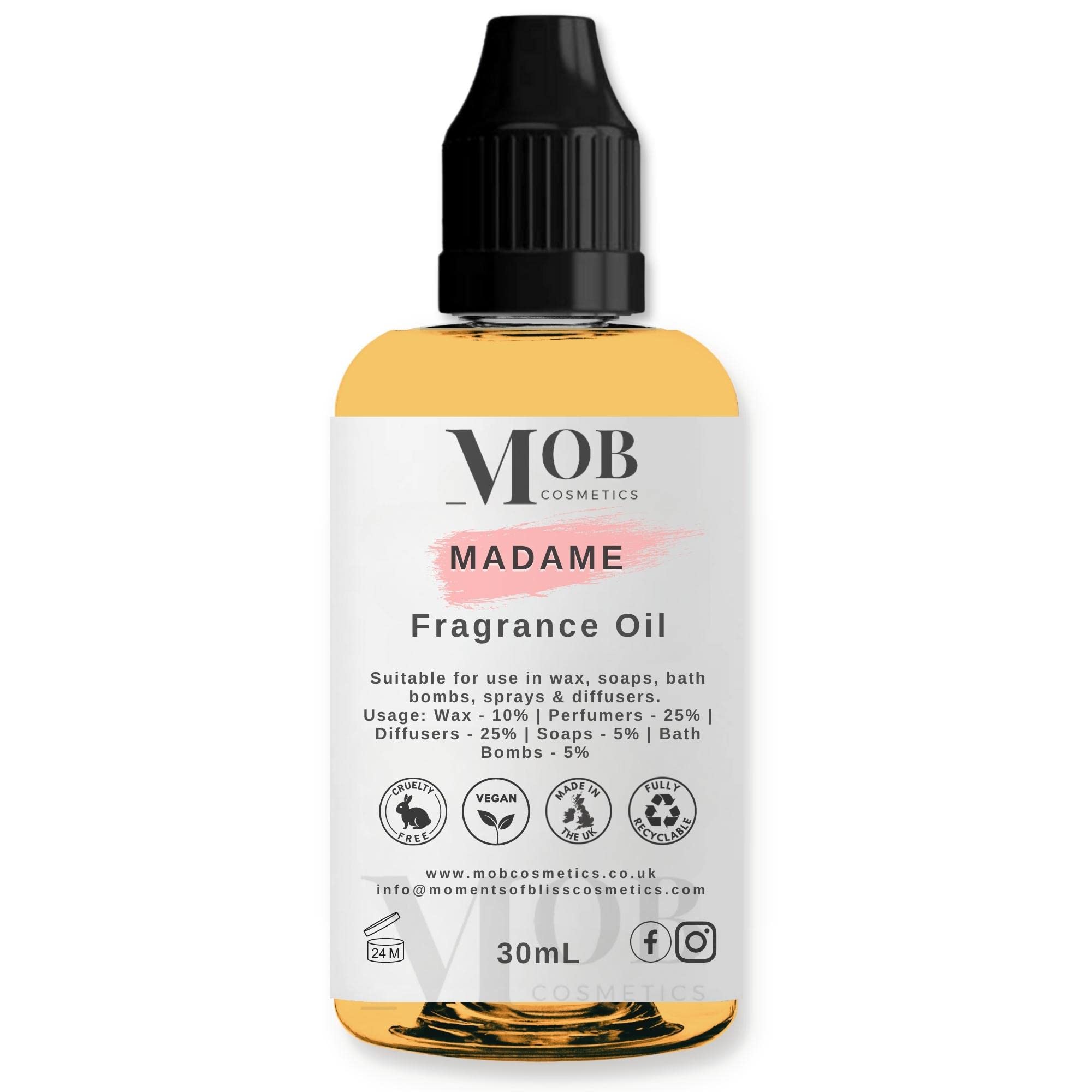 Madame Luxury and Designer Fragrance Oil | Highly Concentrated | Perfect for Candles, Soaps, Bath Bombs, Diffusers, Wax Melts | UK Made | Vegan (Madame, 30ml)
