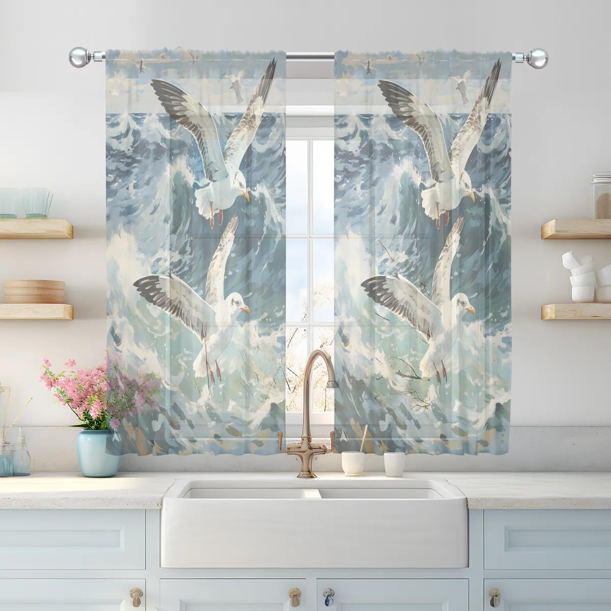 Flying Seagulls Sheer Curtains 63 inch Long 2 Panels Set Home Decoration Rod Pocket Voile Short Sheer Drapes Window Curtain for Bedroom Living Room, W52 x L63