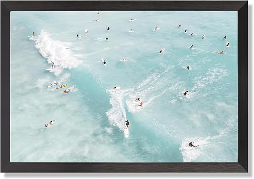 Trendy Coastal Surfing Aerial View Canvas Wall Art Funny Crowded Surfers Beach Poster Vibrant Turquoise Ocean Waves Aesthetic Prints For Home Living Room Dorm Wall Decor 8x10in Framed Flat