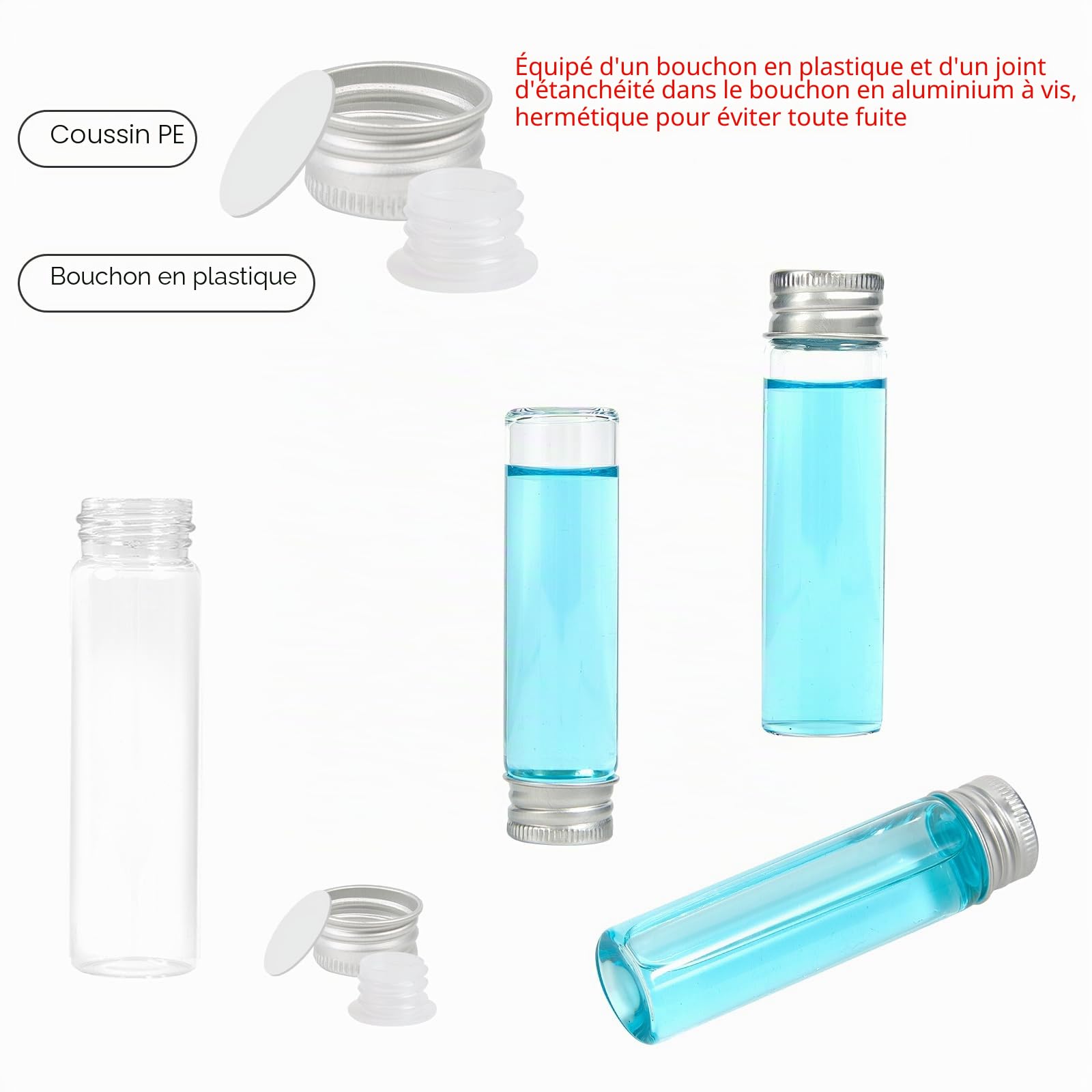 Lot de 50 fioles en verre de 20 ml avec bouchons à vis et bouchons en plastique, petit flacon d'échantillon de liquide transparent, fiole anti-fuite