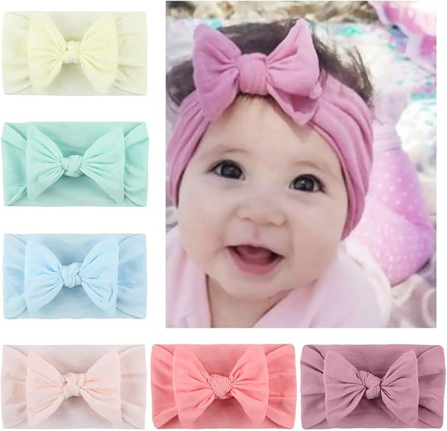 6 Pcs Baby Turban Headband Set-Bowknot Hairband Soft Cute Headwear Elastic for Newborn/Girls/Boys/Kids Gift as Toddler Headdress Photography Props Accessories (C)