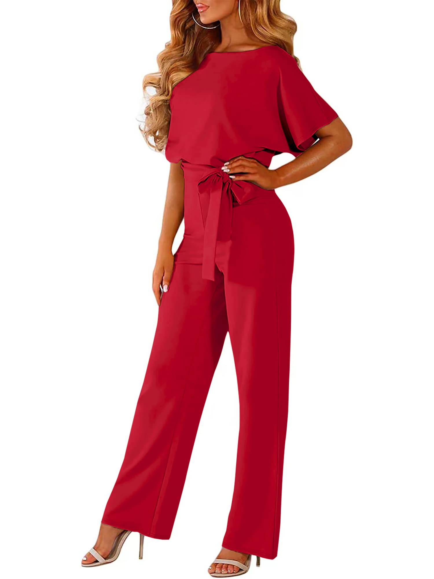 AUXDIO Tuta da donna casual a maniche corte con scollo rotondo e cintura a gamba larga, Rosso, Medium