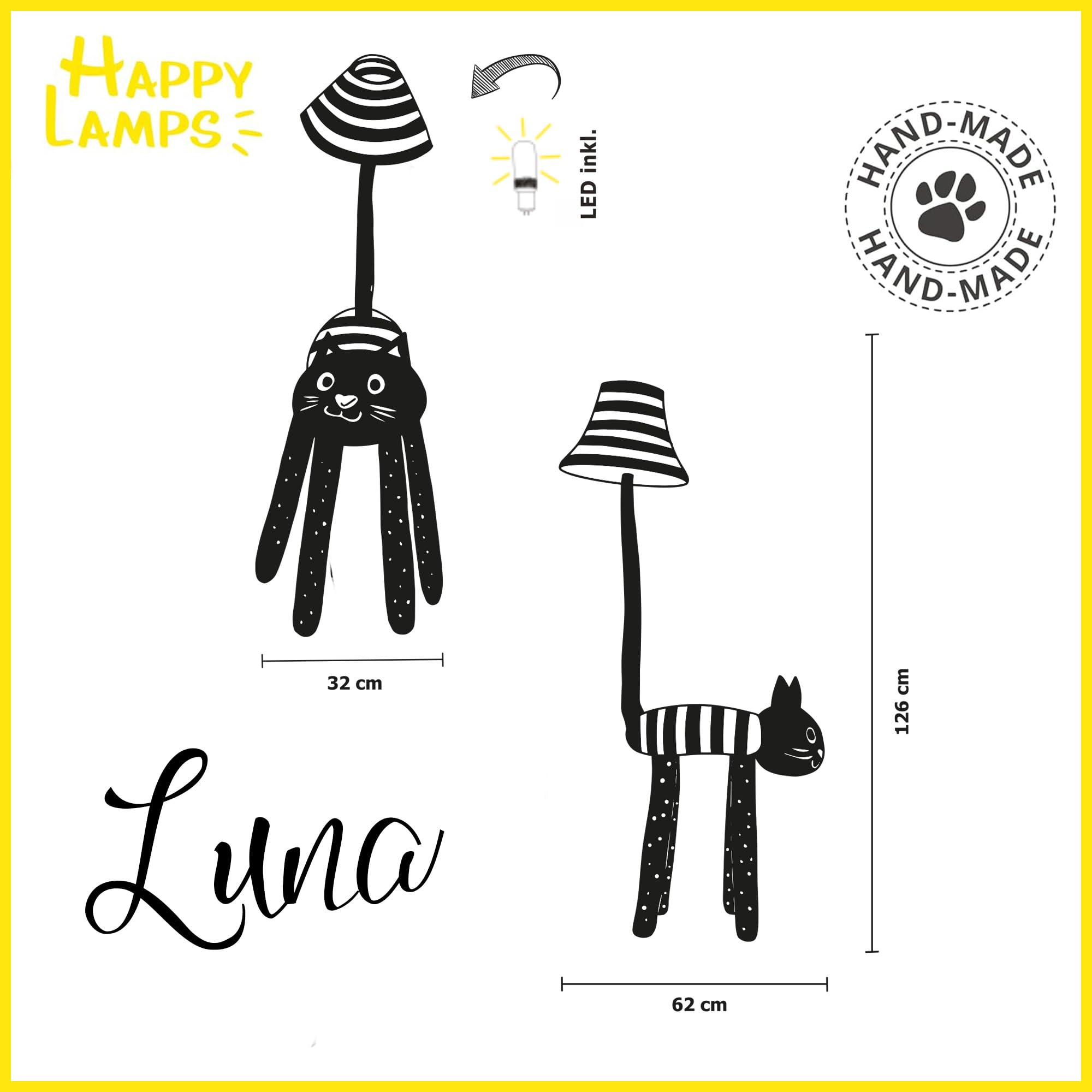 Happy Lamps Luna die Katze LED-Stehlampe 126cm Kinderzimmer Deko | handgefertigt, kindersicher, ideal fürs Kinderzimmer, Geschenkidee