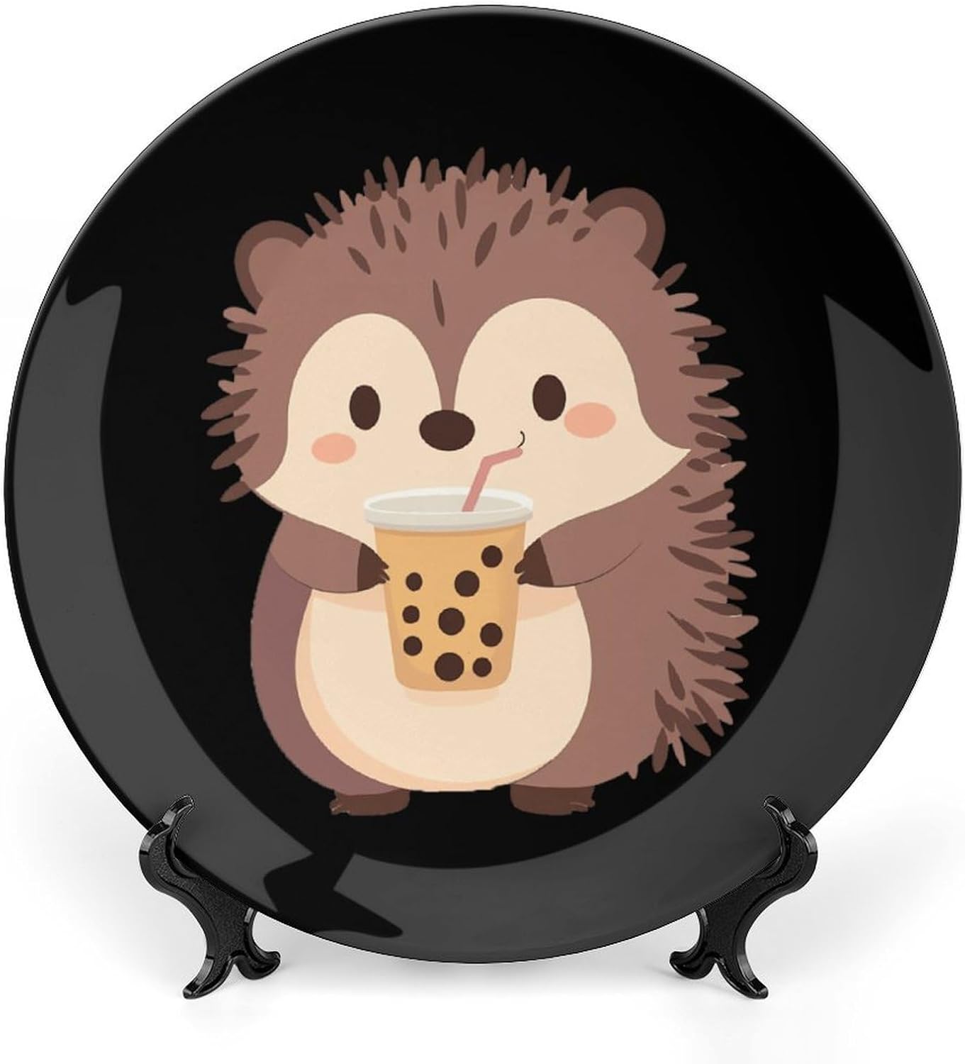 Hedgehog Drinking Milk Tea Decorative Plates for Display Ceramic Plate Tray with Stand Hanger Home Decor