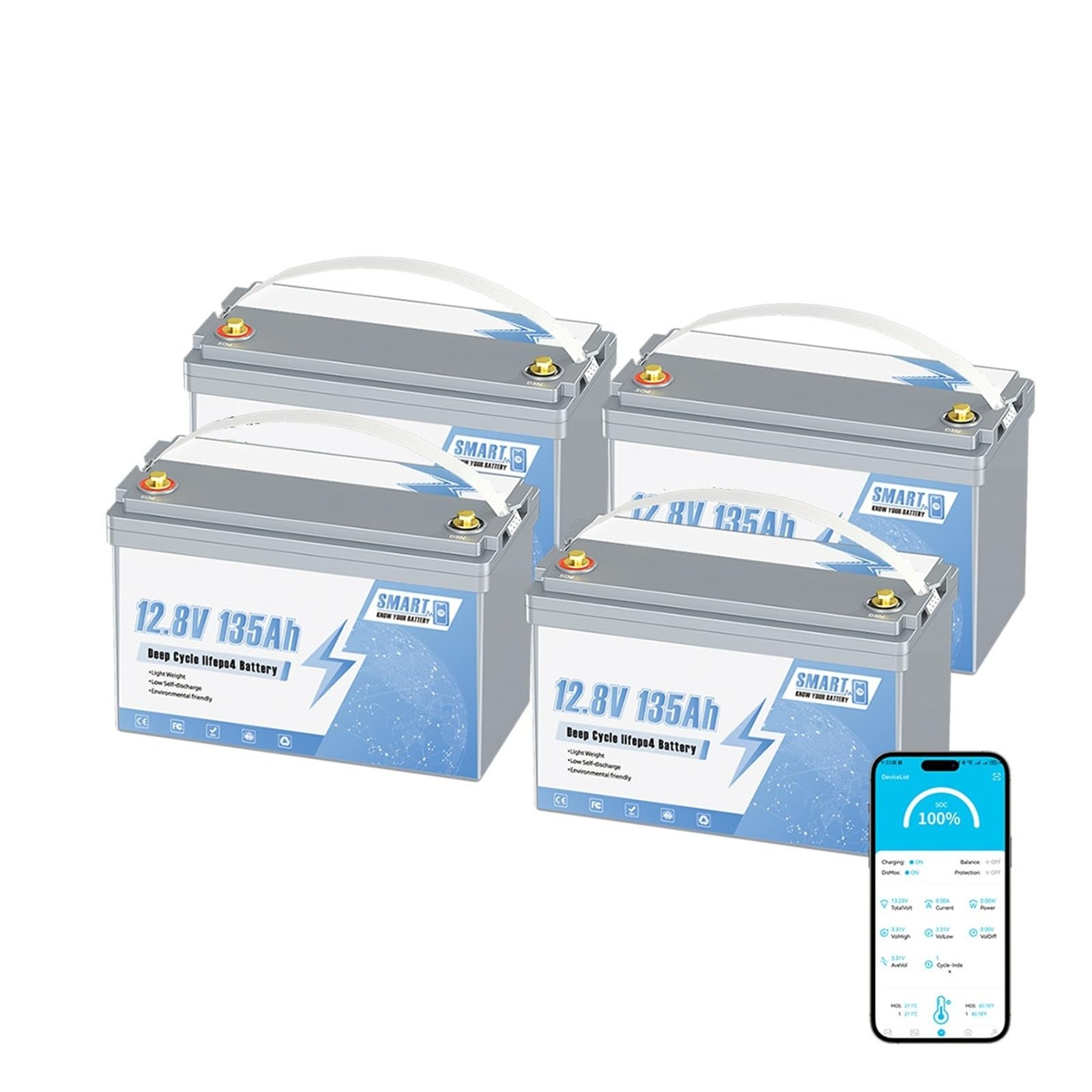 Batterie au Lithium LiFePO4 12 V 135 Ah avec BMS 100 A intégré et Bluetooth, capacité de 1728 Wh for système d'alimentation Solaire Autonome, Camping-Car ou Caravane.(4pack 12V 135Ah)