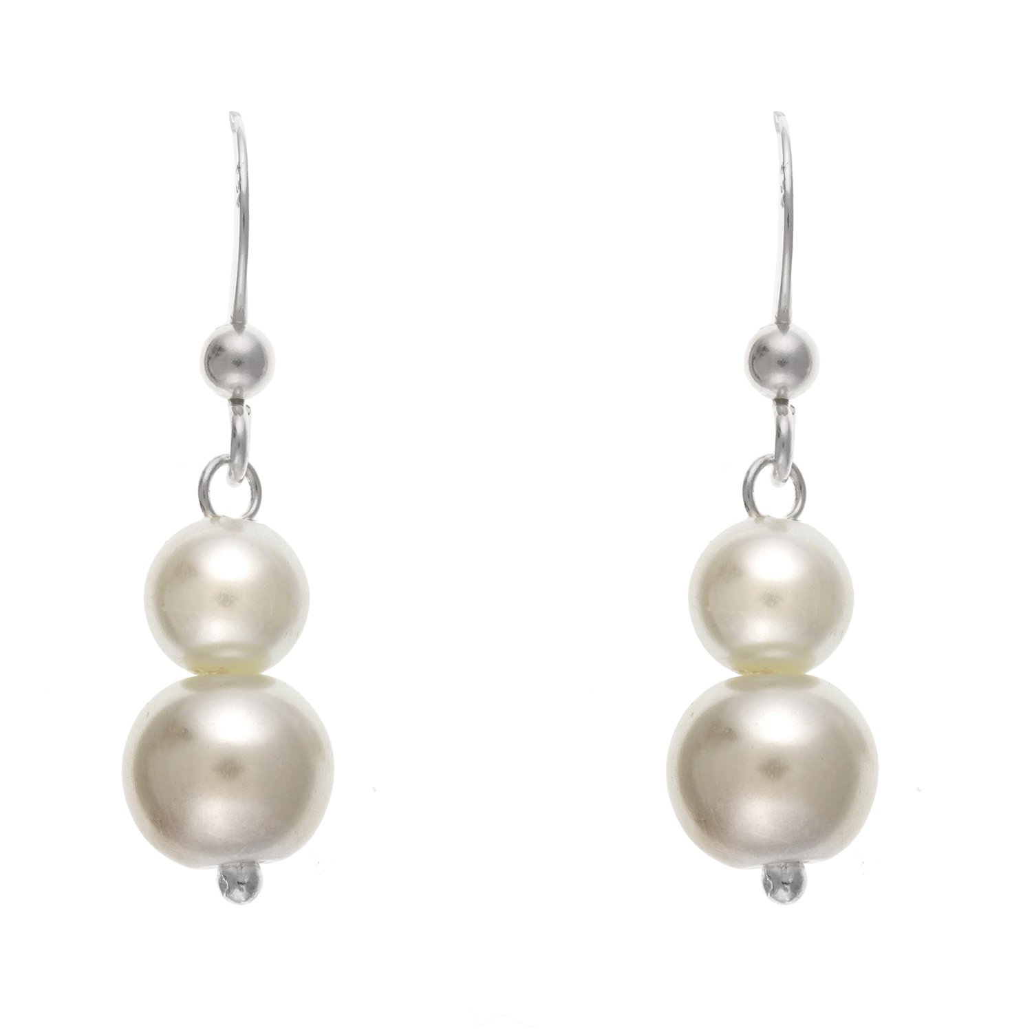 Orecchini pendenti pendenti con doppia perla graduata in finto finto bianco per donne/adolescenti/ragazze – argento Sterling 925 – 8 mm di larghezza x 30 mm di altezza