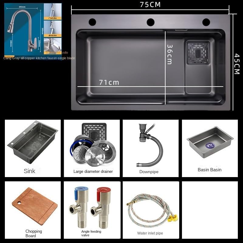 Kitchen Sink 304 Stainless Steel with Slide Rail Thickened Vegetable Basin Drain Basket Washing Dishes Large Single Sink(304 Black 7545 B)