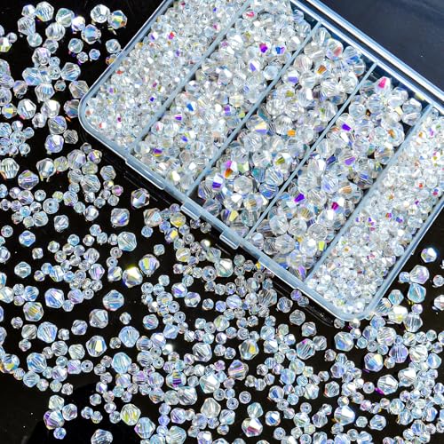 1550PCS Bicone Crystal Glass Beads Set for Jewelry Making 3mm 4mm 6mm 8mm Sparkling Faceted Beads Sorted by Size for Bracelets Necklaces Suncatchers & DIY Crafts(AB White)