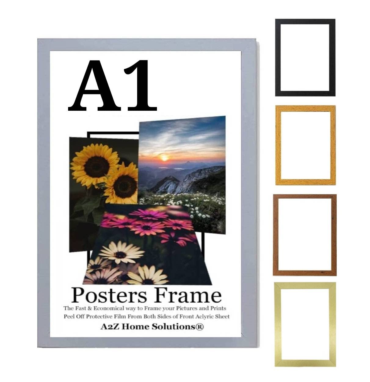 A2Z Home Solutions® Multipack Light Grey A1 Poster Frames 59.4 x 84.1 cm With Safe Clear Perspex Front & Wall Mounting A1 Frames In Multiple Colors MDF Backboard Portrait or Landscape (Single)