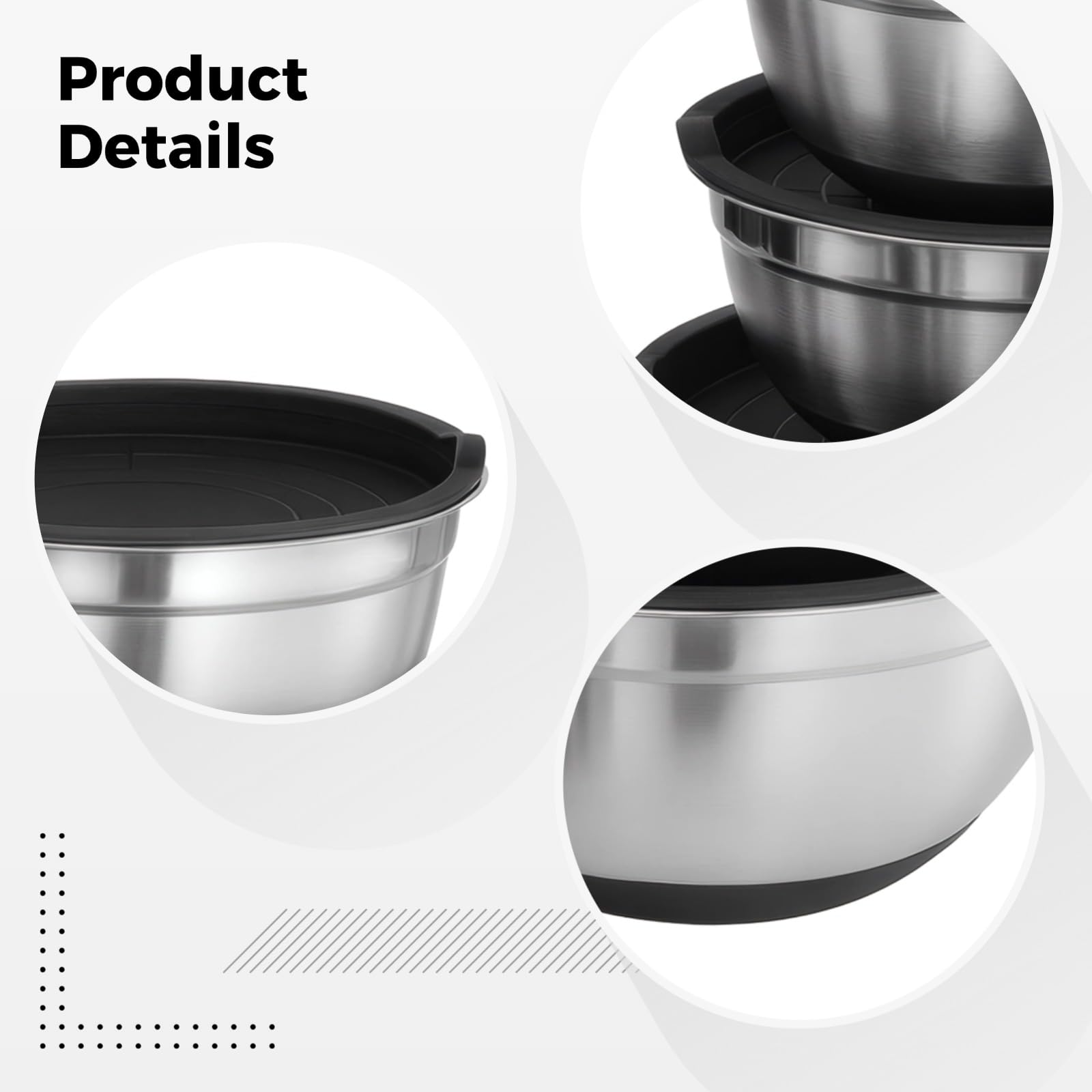 3 Stk. Edelstahl-Mischschüsseln mit schwarzem Silikonboden und Deckeln, stapelbares Salatschüssel-Set, spiegelpoliert, robust, leicht zu reinigen, 16/20/24 cm, für Küche