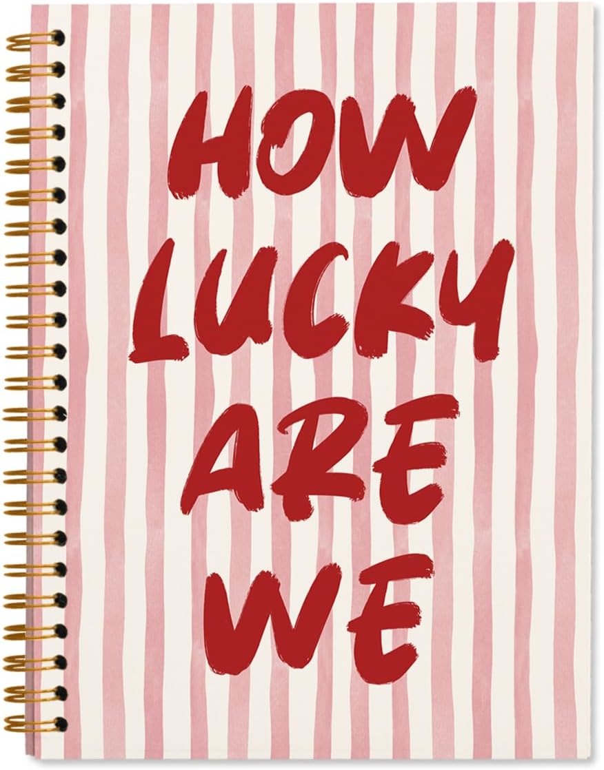Trendy Preppy Girly Aesthetic Spiral Notebook Journal, Positive Affirmation Gifts for Women, How Lucky Are We Pink Striped Notebooks Journals for Work School Note Taking, 5.5x8.3