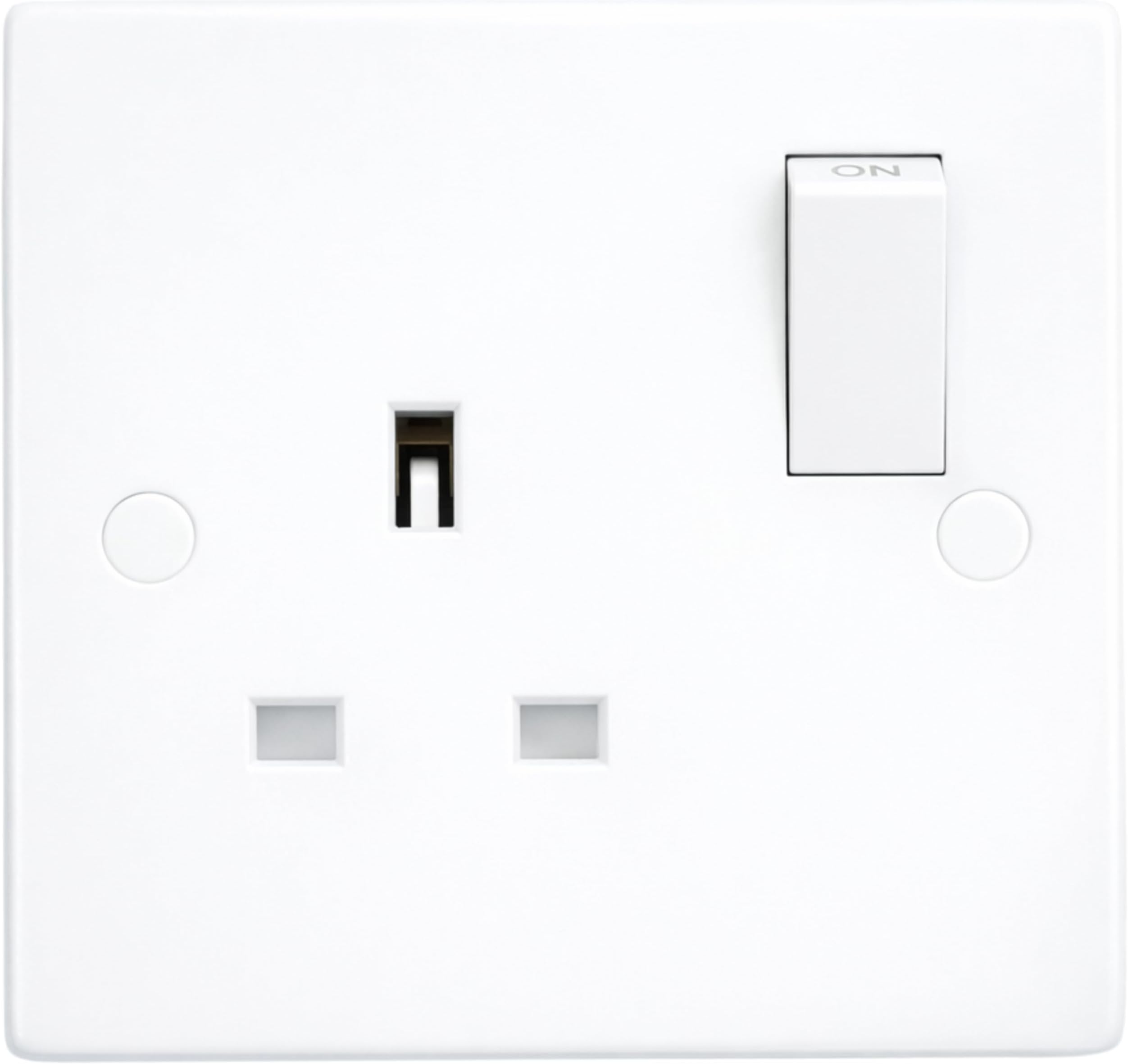 1 Gang Switched Socket 13A - Double Pole Square Edge Plug Socket, BS 1363 Tested, Dual Earth Terminals, Easy Install, White