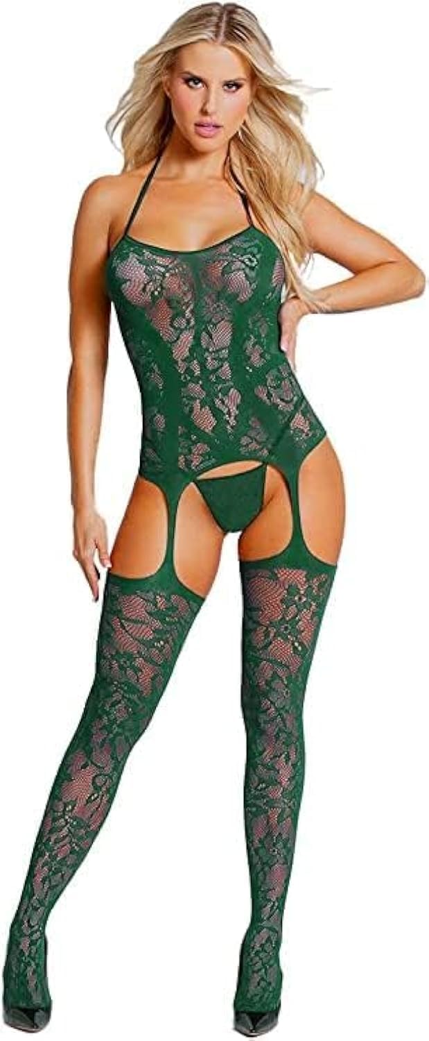 Women Fishnet Bodystocking Attached Stockings Sexy Lingerie Crotchless Bodysuit One Piece Babydoll One Size
