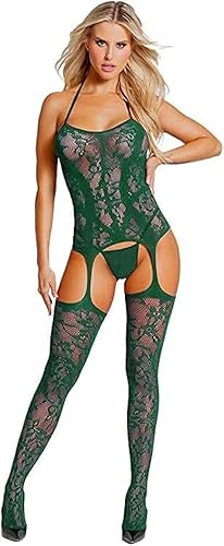 RSLOVE Women Fishnet Bodystocking Attached Stockings Sexy Lingerie Crotchless Bodysuit One Piece Babydoll One Size