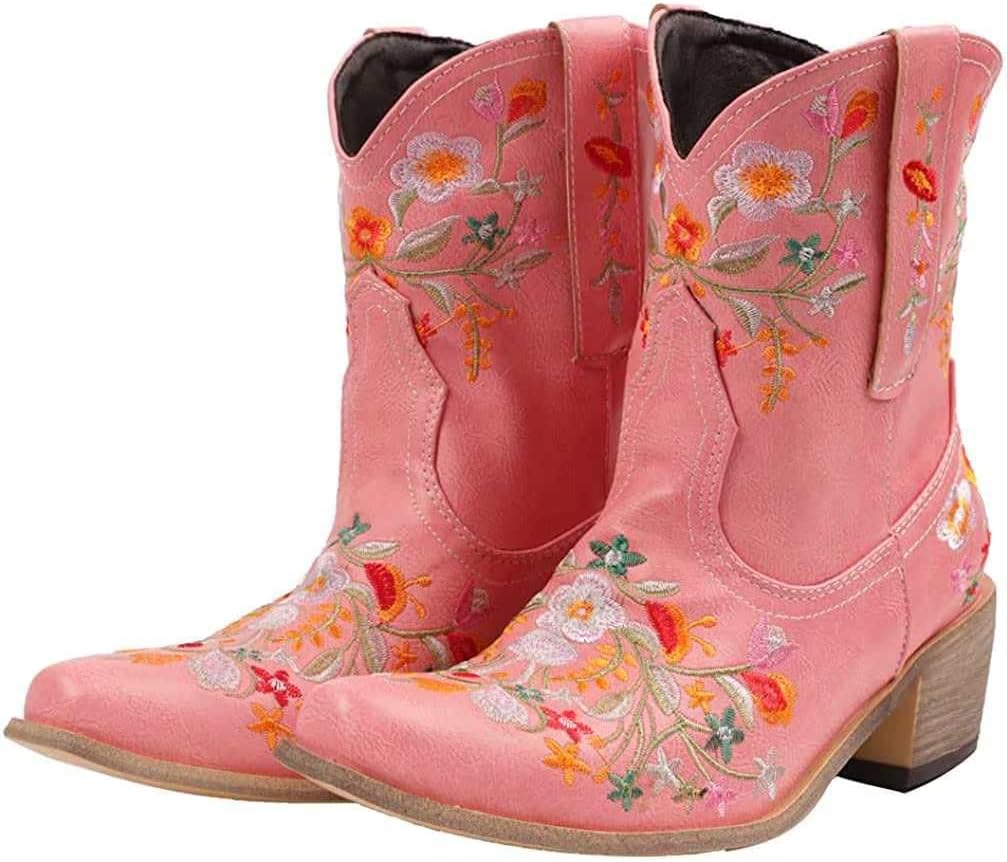 Handmade Flower Embroidered Cowgirl Ankle Boots, Faux Leather, Rubber Sole, Wide Calf, Pointed Toe