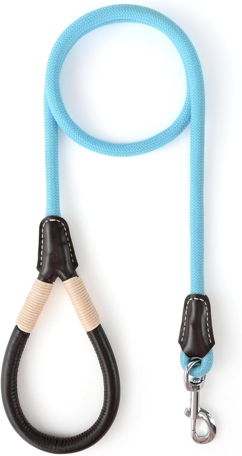 Mile High Life Genuine Leather Wrapped Handle Dog Leash, w Heavy Duty Clasp Rope Leash for Small Medium Large Dogs (Blue, 6FT)