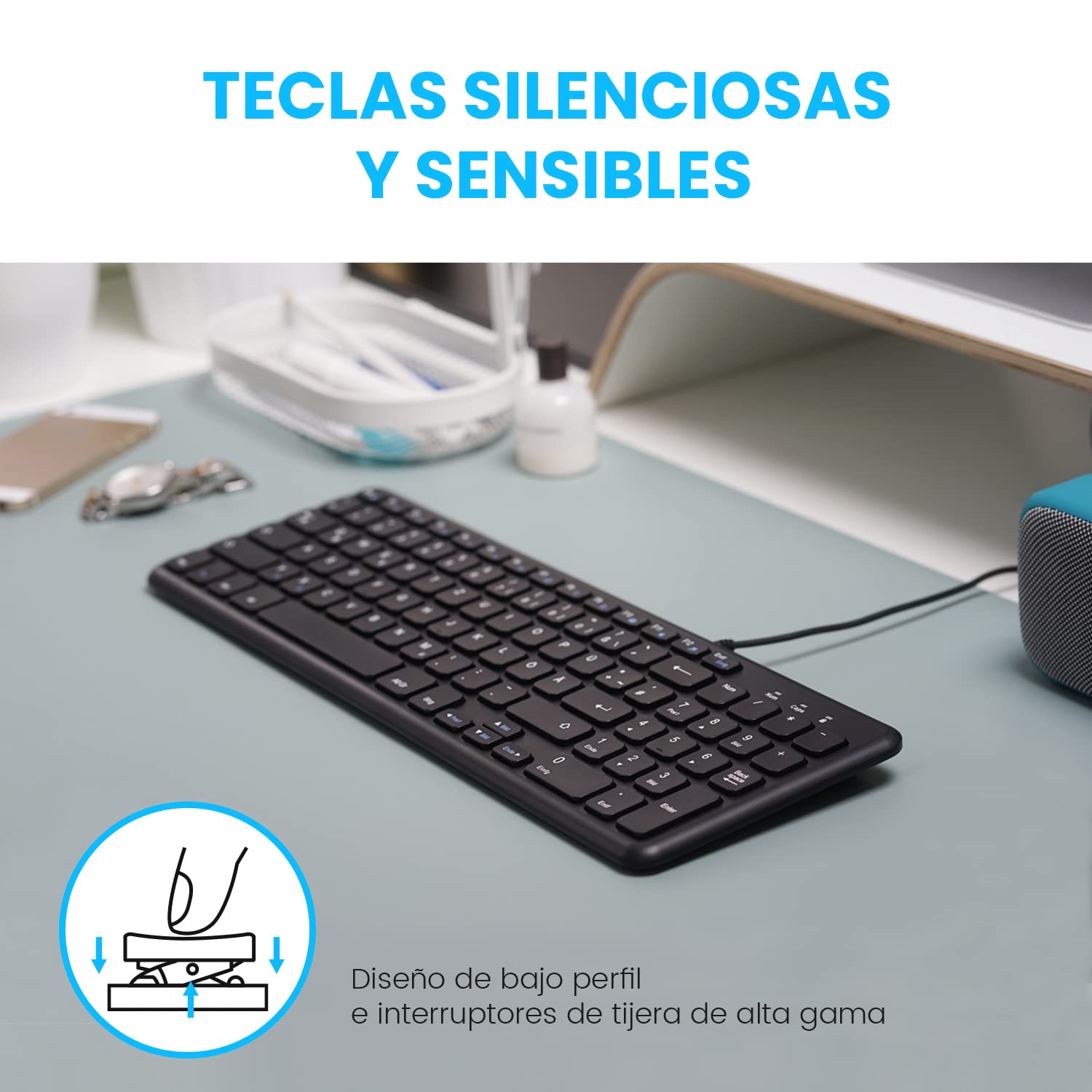 Perixx PERIBOARD-213B Teclado de Tijera USB silencioso con Cable - Diseño Compacto con Teclado numérico - Negro - Qwert Español con Ñ