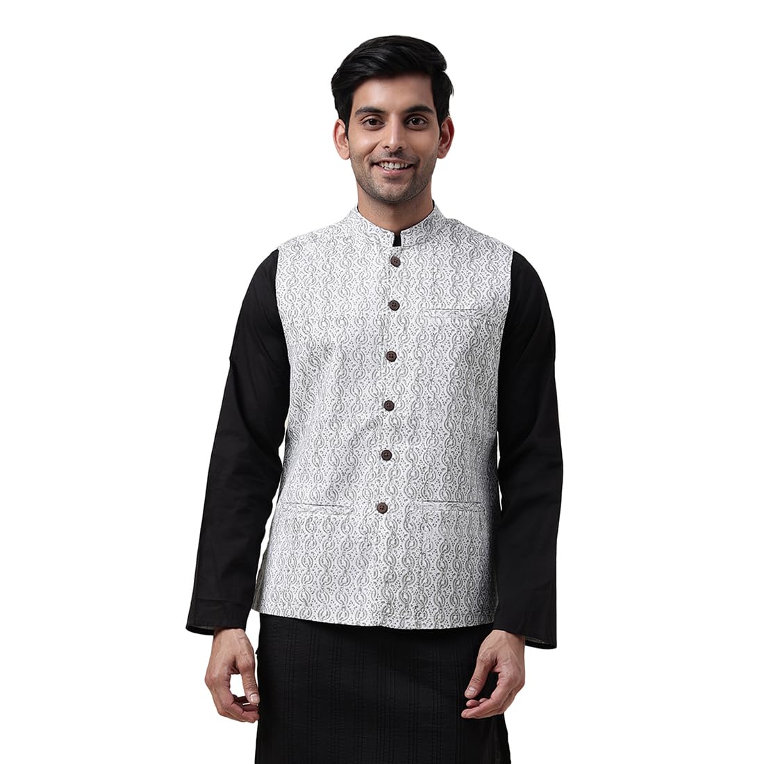 Fabindia Men's White Cotton Printed Nehru Jacket (1028971White- Grey