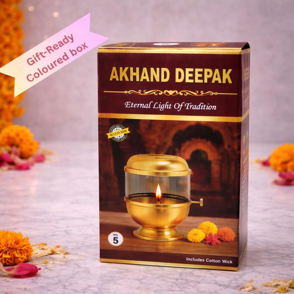 Narayan Bhakti™ Brass akhand Diya ,Big Size 250ml Oil Capacity with Wick-Lifting Screw Lever & Borosilicate Glass – Long Burning Oil lamp for Pooja | deepam for Mandir, Home Temple & Festive use