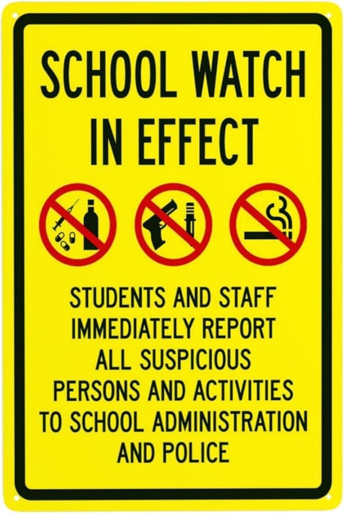 School Watch In Effect Students And Staff Immediately Report All Suspicious Persons Warning Sign School Property Security Metal Signs For Business Home Wall Safety Caution Decor 8x12 Inch